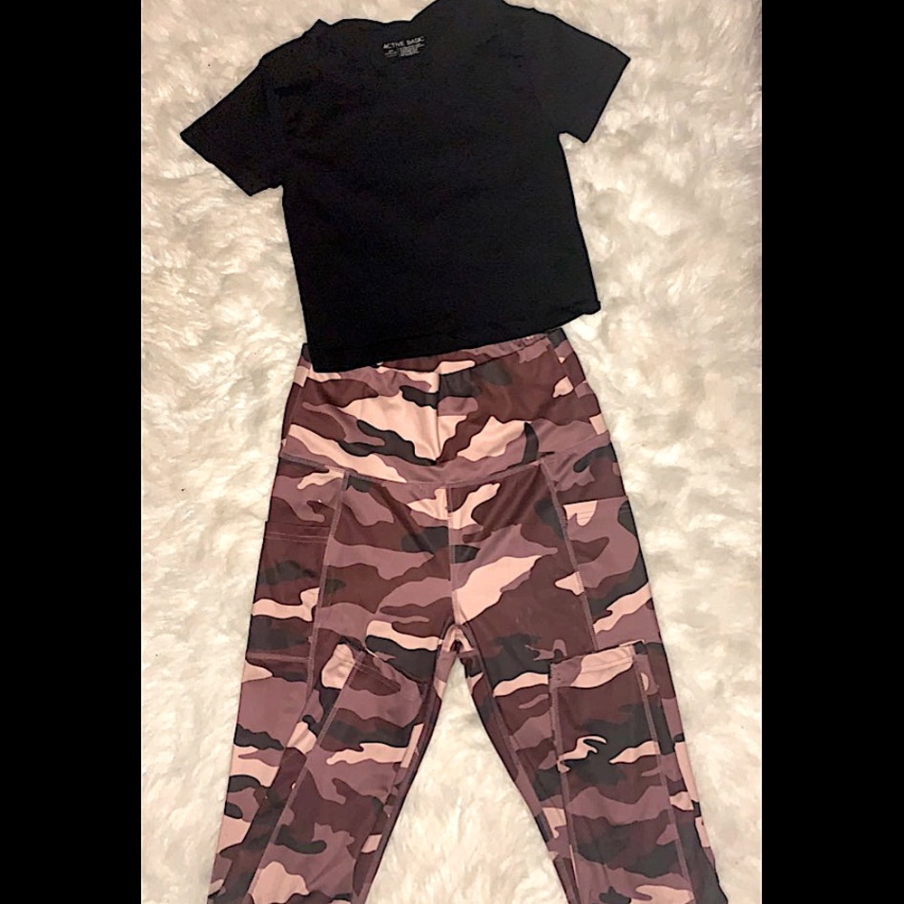 light pink, dark purple and black camo workout leggings